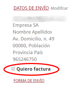 Ocultar check Quiero factura